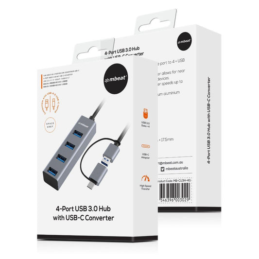mbeat 4-Port USB 3.0 Hub with 2-in-1 USB 3.0 & USB-C Converter - Space Grey.