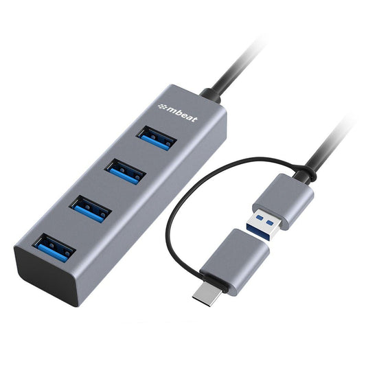 mbeat 4-Port USB 3.0 Hub with 2-in-1 USB 3.0 & USB-C Converter - Space Grey.