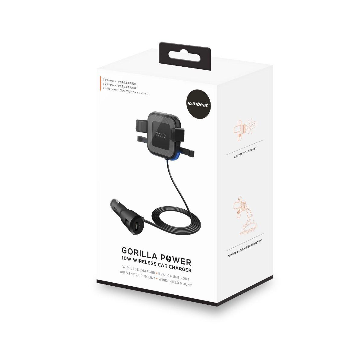 mbeat Gorilla Power 10W Wireless Car Charger With 2.4A USB Charging, Air Vent Clip & Windshield Stand.