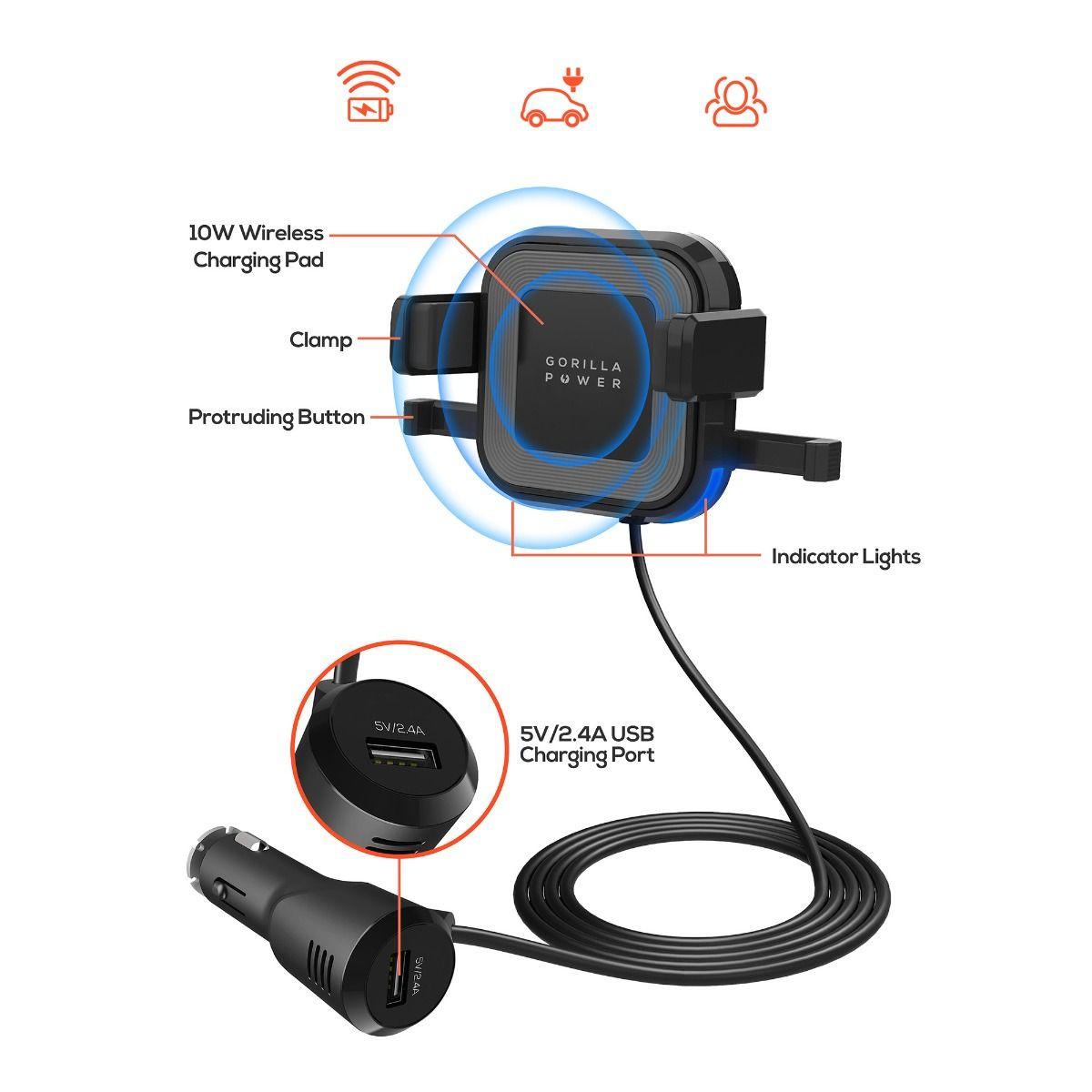 mbeat Gorilla Power 10W Wireless Car Charger With 2.4A USB Charging, Air Vent Clip & Windshield Stand.