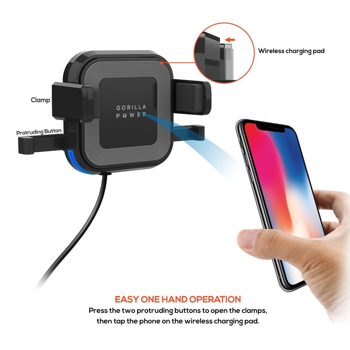 mbeat Gorilla Power 10W Wireless Car Charger With 2.4A USB Charging, Air Vent Clip & Windshield Stand.