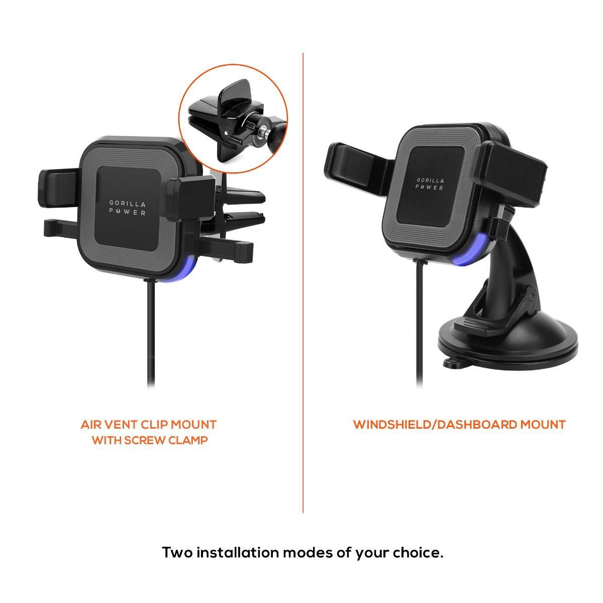 mbeat Gorilla Power 10W Wireless Car Charger With 2.4A USB Charging, Air Vent Clip & Windshield Stand.