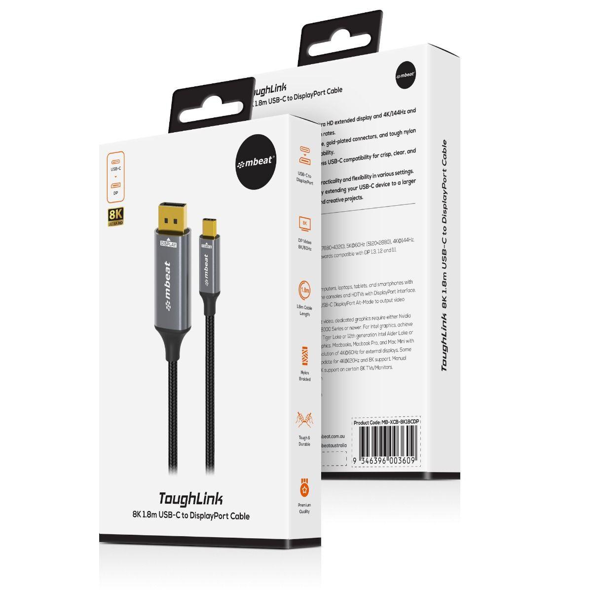 mbeat Tough Link 8K 1.8m USB-C to DisplayPort Cable.