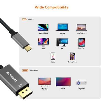 mbeat Tough Link 1.8m 4K USB-C to Display Port Cable - Space Grey.