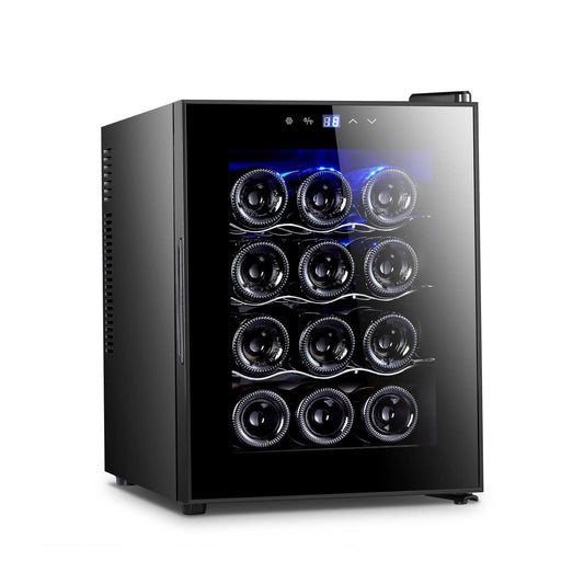 12 Bottle Thermoelectric Wine Fridge, 65W, UV Protected Glass Door, Soft LED Illumination.