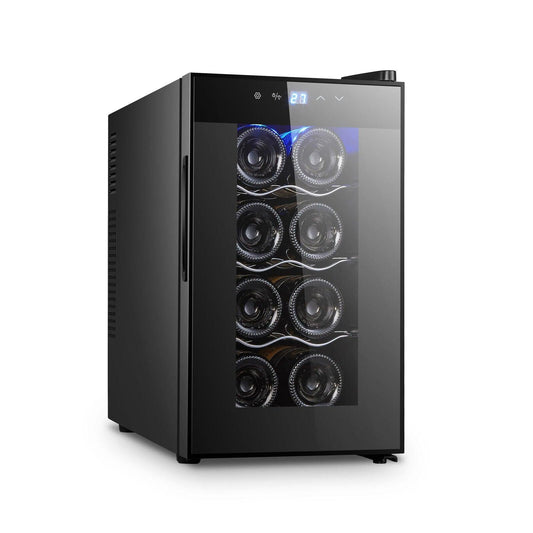 8 Bottle Thermoelectric Wine Fridge, 65W, UV Protected Glass Door, Soft LED Illumination.