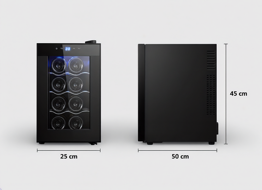 8 Bottle Thermoelectric Wine Fridge, 65W, UV Protected Glass Door, Soft LED Illumination.