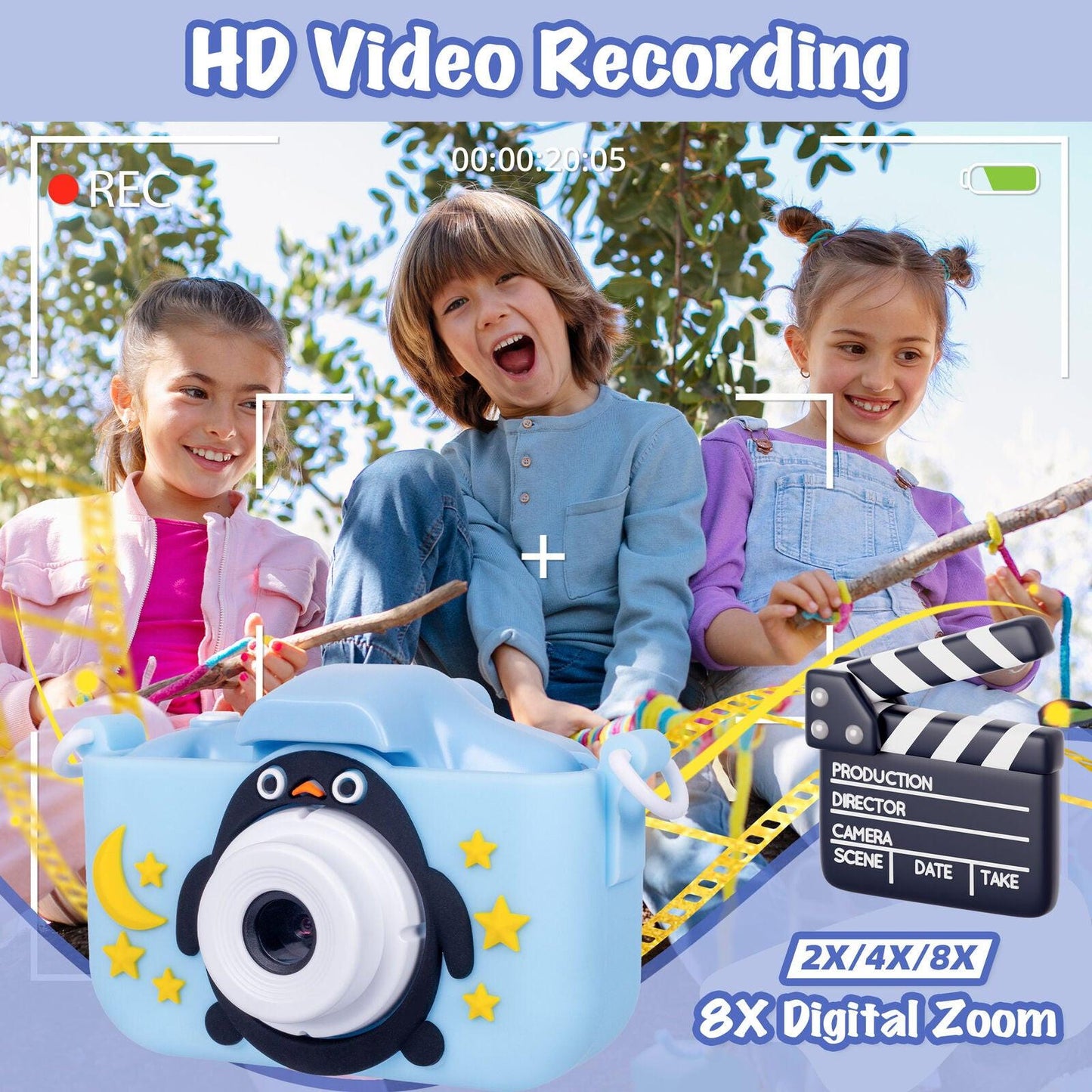 Kids Digital Dual Lens Camera, 4x Zoom and HD Video Recording (Blue).