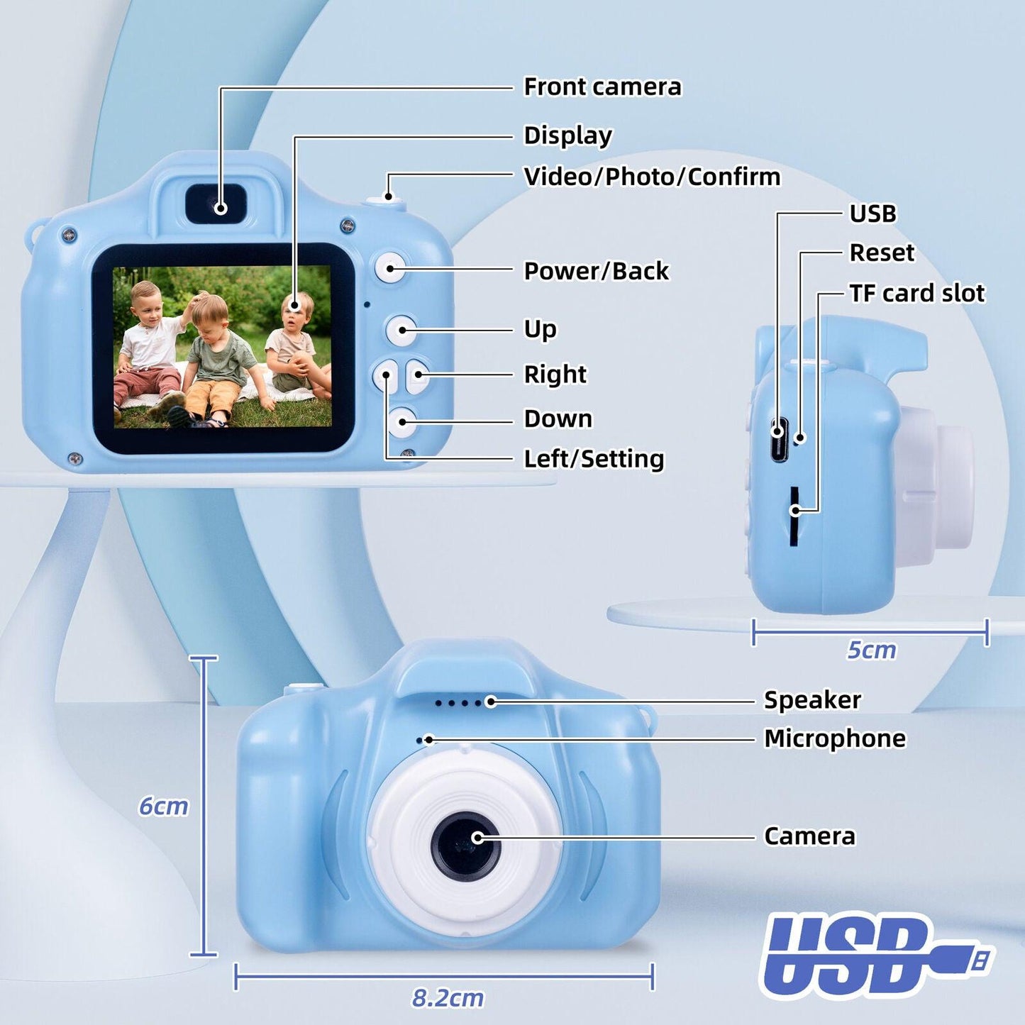 Kids Digital Dual Lens Camera, 4x Zoom and HD Video Recording (Blue).