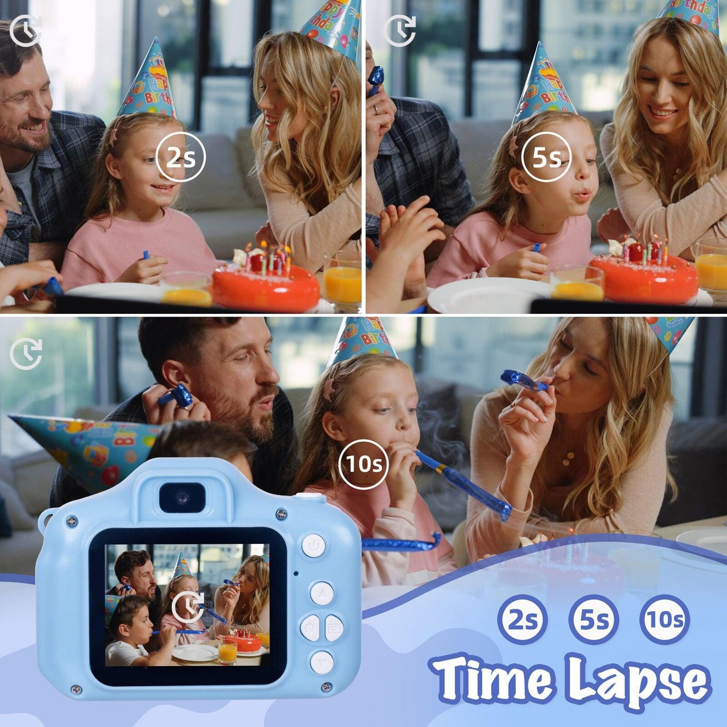 Kids Digital Dual Lens Camera, 4x Zoom and HD Video Recording (Blue).