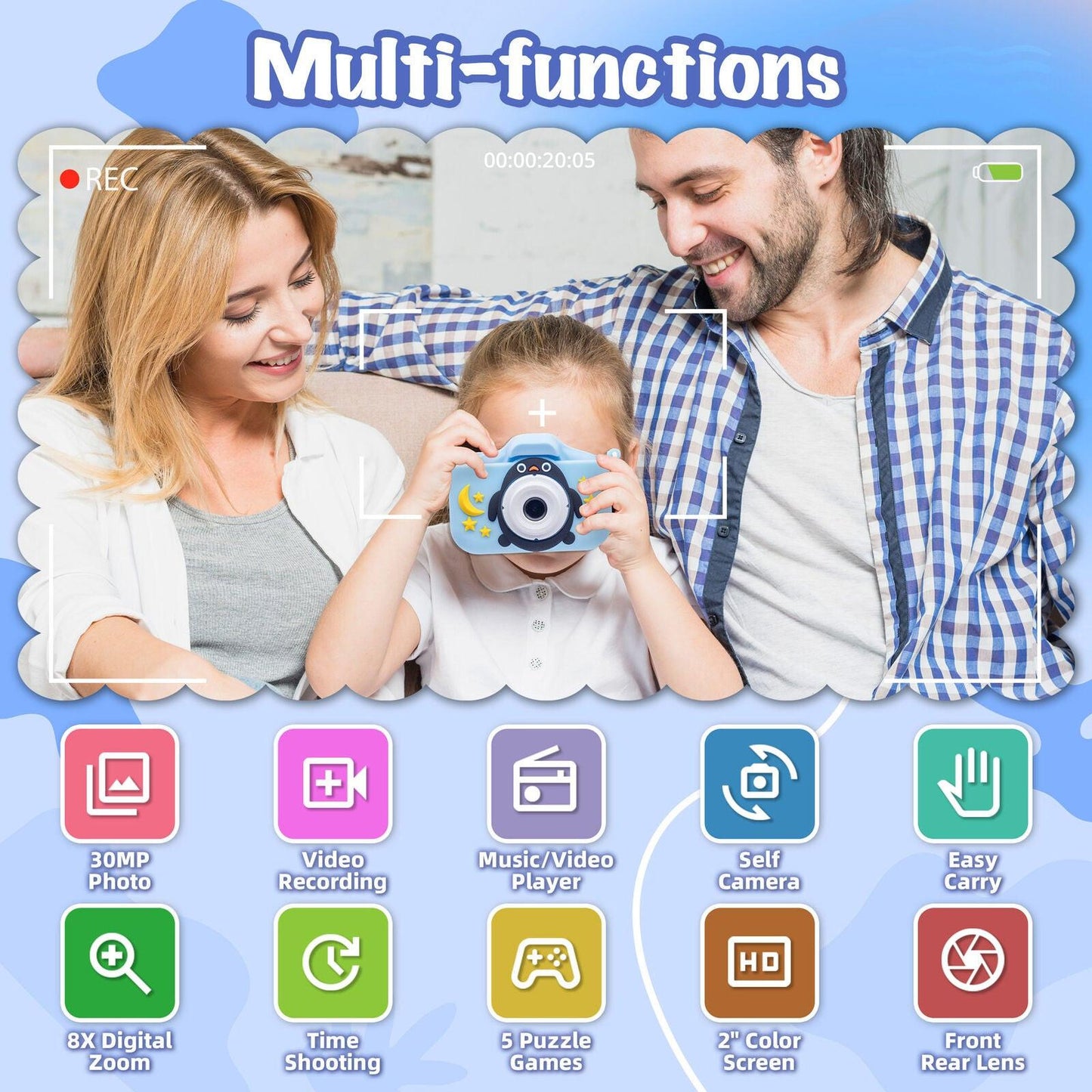 Kids Digital Dual Lens Camera, 4x Zoom and HD Video Recording (Blue).