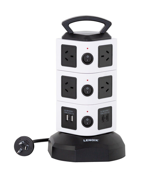 Tower Power Board with 10 Outlets + 2X USB A & 2X USB C.