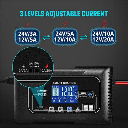 12/24V Automatic Car Battery Charger For Lithium Lifepo4 Lead-Acid AGM/Gel/SLA.