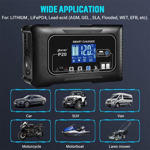 12/24V Automatic Car Battery Charger For Lithium Lifepo4 Lead-Acid AGM/Gel/SLA.