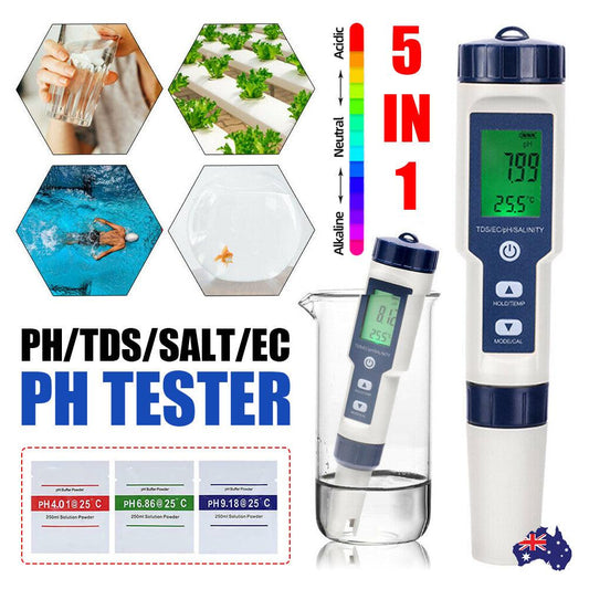 5-IN-1 Digital Water Quality Tester Waterproof pH TDS EC Temperature Meter Pool.