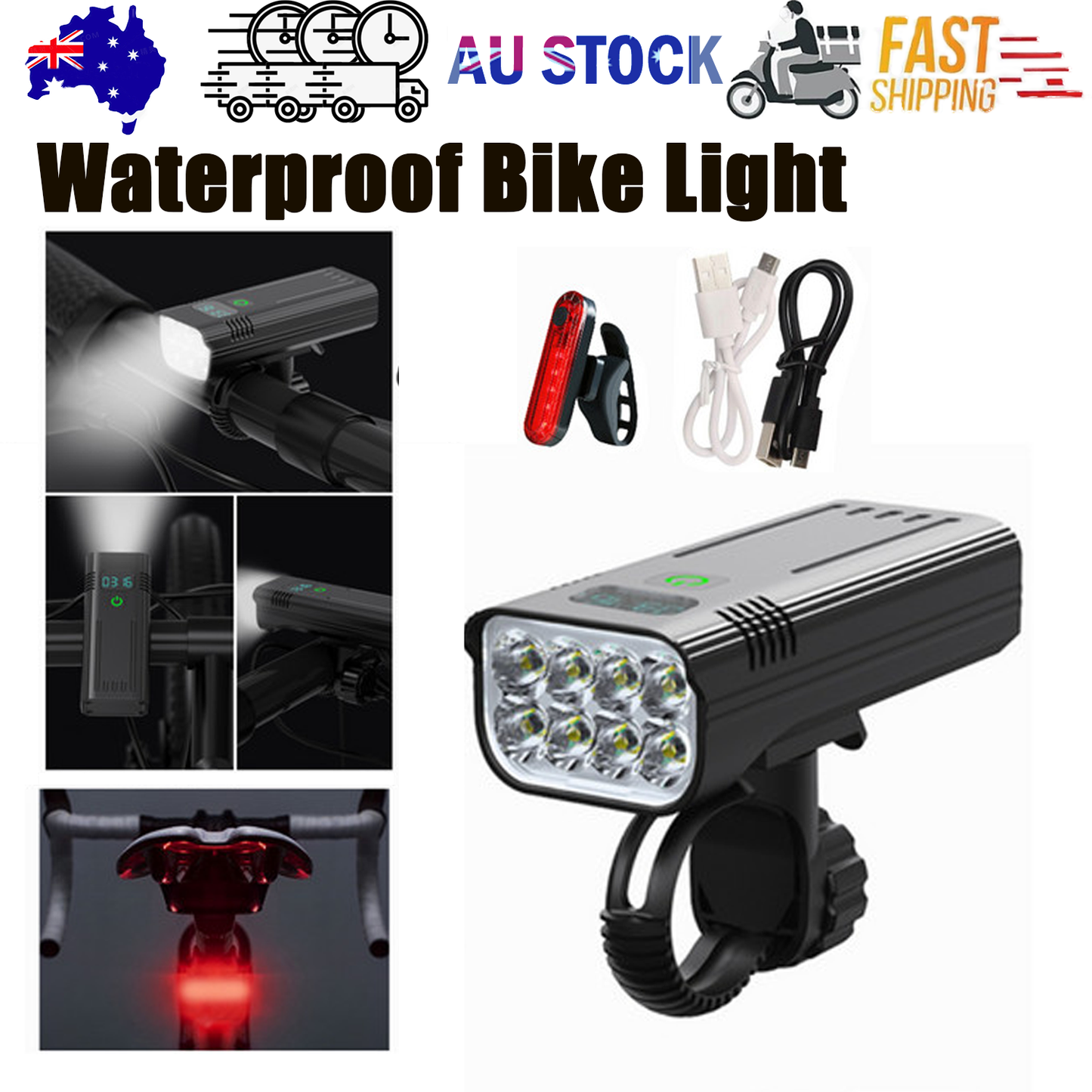 Waterproof Bike Light Set with Digital Battery Display Aluminum Alloy 360Â° Mount.