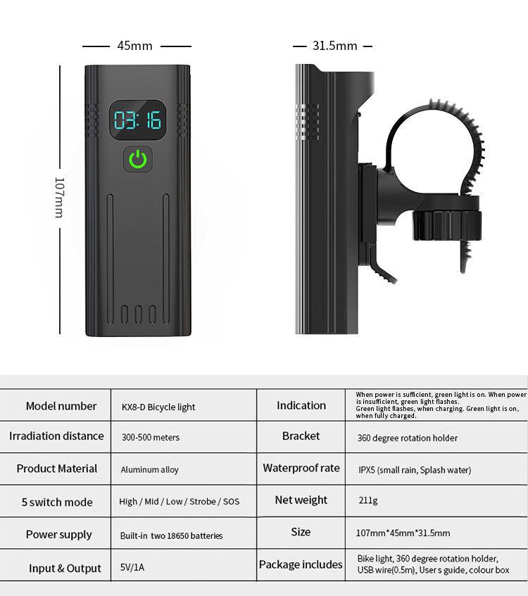 Waterproof Bike Light Set with Digital Battery Display Aluminum Alloy 360Â° Mount.