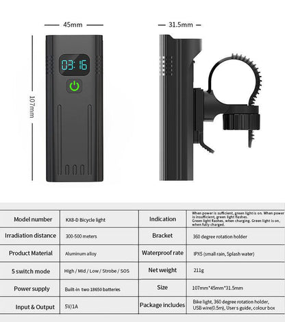 Waterproof Bike Light Set with Digital Battery Display Aluminum Alloy 360Â° Mount.