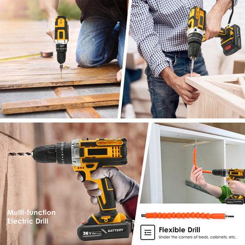36VF BRUSHLESS HEAVY DUTY CORDLESS DRILL IMPACT DRIVER KIT HAMMER +2 BATTERY Box.