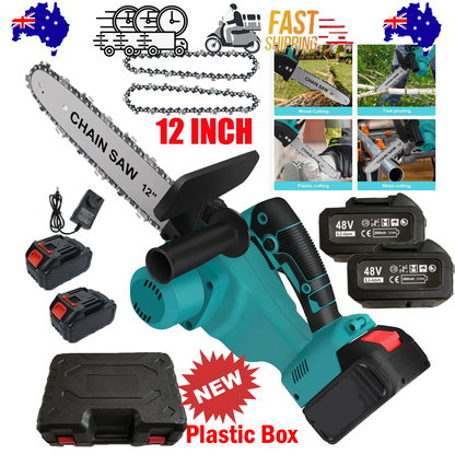 12"inch Cordless Electric Chainsaw + 2 Battery 2 Chain Brushless Wood Cutter Saw.