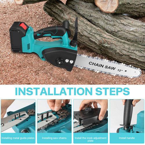 12"inch Cordless Electric Chainsaw + 2 Battery 2 Chain Brushless Wood Cutter Saw.