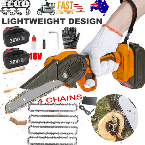 6" Mini Orange Cordless Electric Chainsaw 2X Battery-Powered Wood Cutter Rechargeable.
