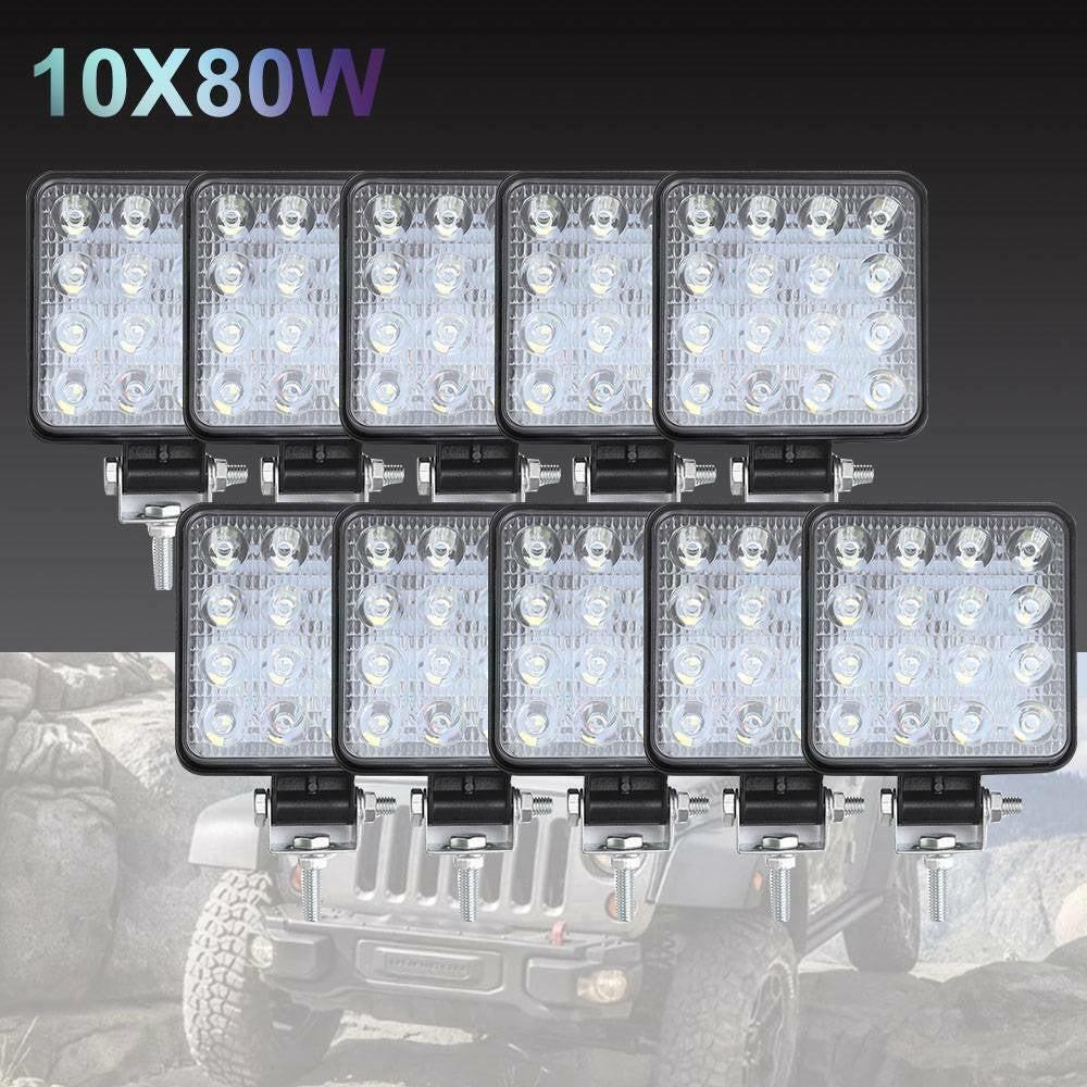 10PCS 80W CREE FLOOD LED Work Lights 12V Boat Camping Square 4inch Bar.