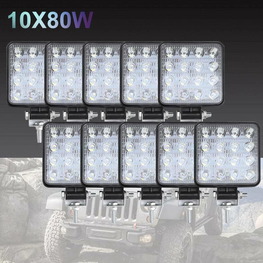 10PCS 80W CREE FLOOD LED Work Lights 12V Boat Camping Square 4inch Bar.