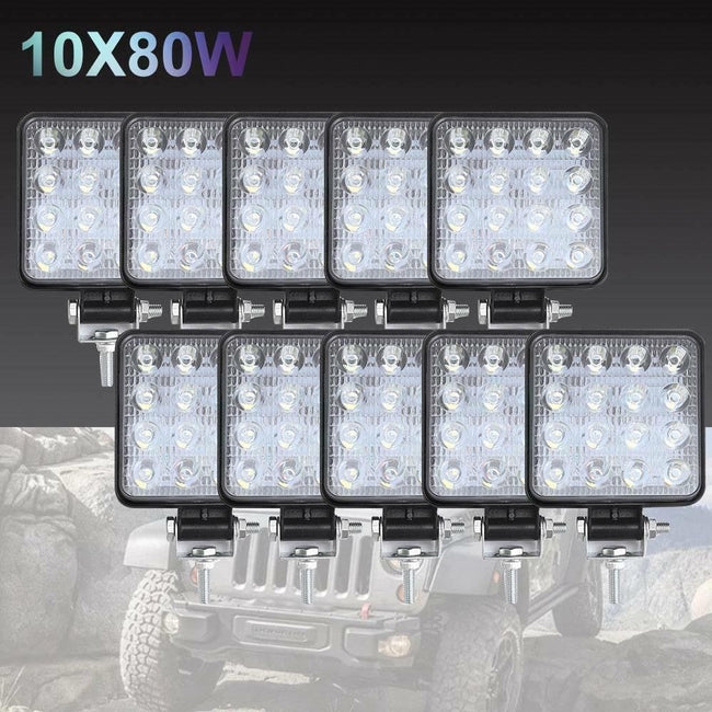 10PCS 80W CREE FLOOD LED Work Lights 12V Boat Camping Square 4inch Bar Hover Image