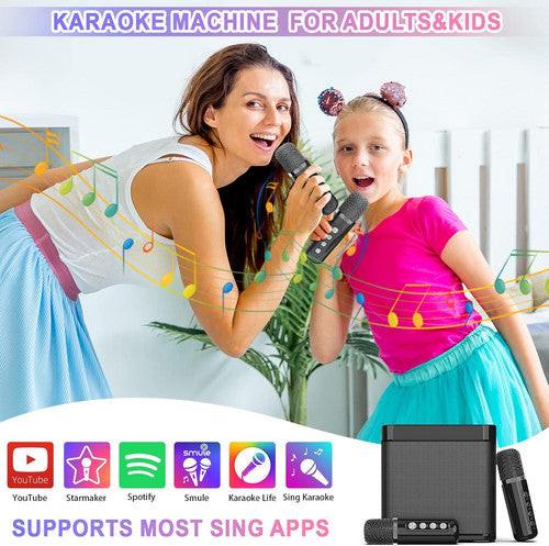 Black Karaoke Machine with 2 Wireless Microphones Bluetooth-Compatible 5.0 for Parties.