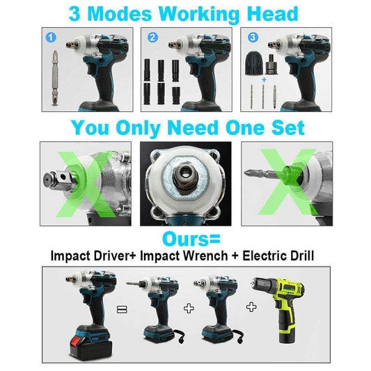 Cordless Electric Impact Wrench Brushless Rattle Gun 1/2" Driver +Large Battery.