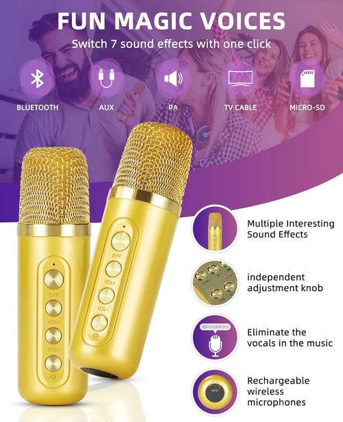 Gold Karaoke Machine with 2 Wireless Microphones Bluetooth-Compatible 5.0 for Parties.
