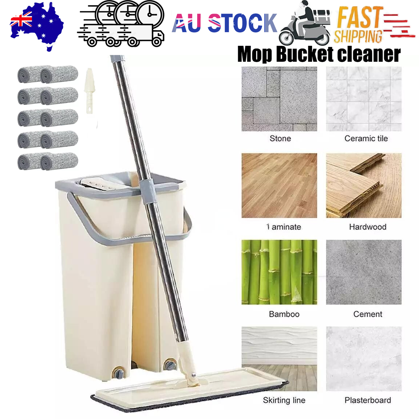 Mop Bucket Wet Dry Rinse Wash 360 Rotating Squeeze Flat Floor Cleaner with Pads.