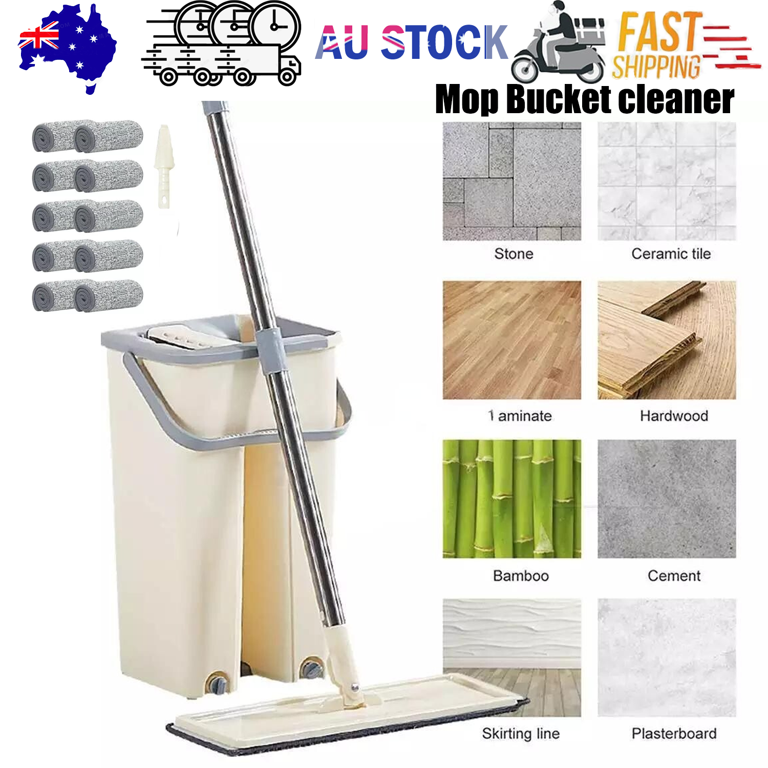 Mop Bucket Wet Dry Rinse Wash 360 Rotating Squeeze Flat Floor Cleaner with Pads.
