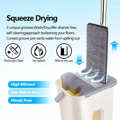 Mop Bucket Wet Dry Rinse Wash 360 Rotating Squeeze Flat Floor Cleaner with Pads.
