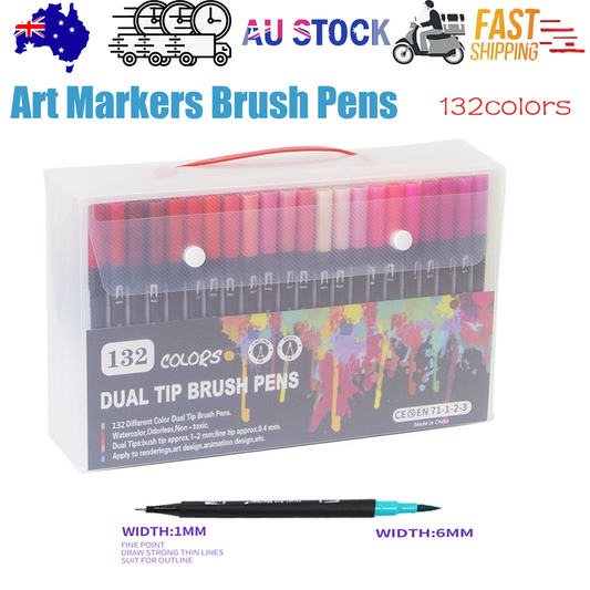 132PCS Art Markers Brush Pens Set Dual Tips Coloring Fineliner Drawing Painting.