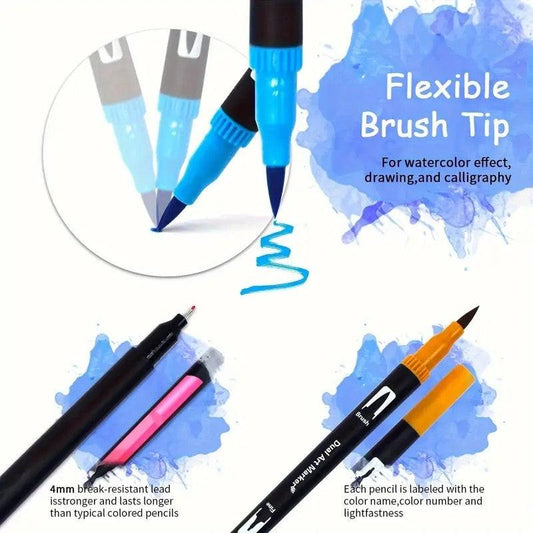 132PCS Art Markers Brush Pens Set Dual Tips Coloring Fineliner Drawing Painting.