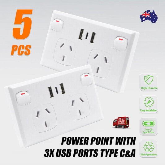 5PCS Double Power Point Dual USB+Type-C GPO Fast Charge 3.6 amp Wall Outlet.