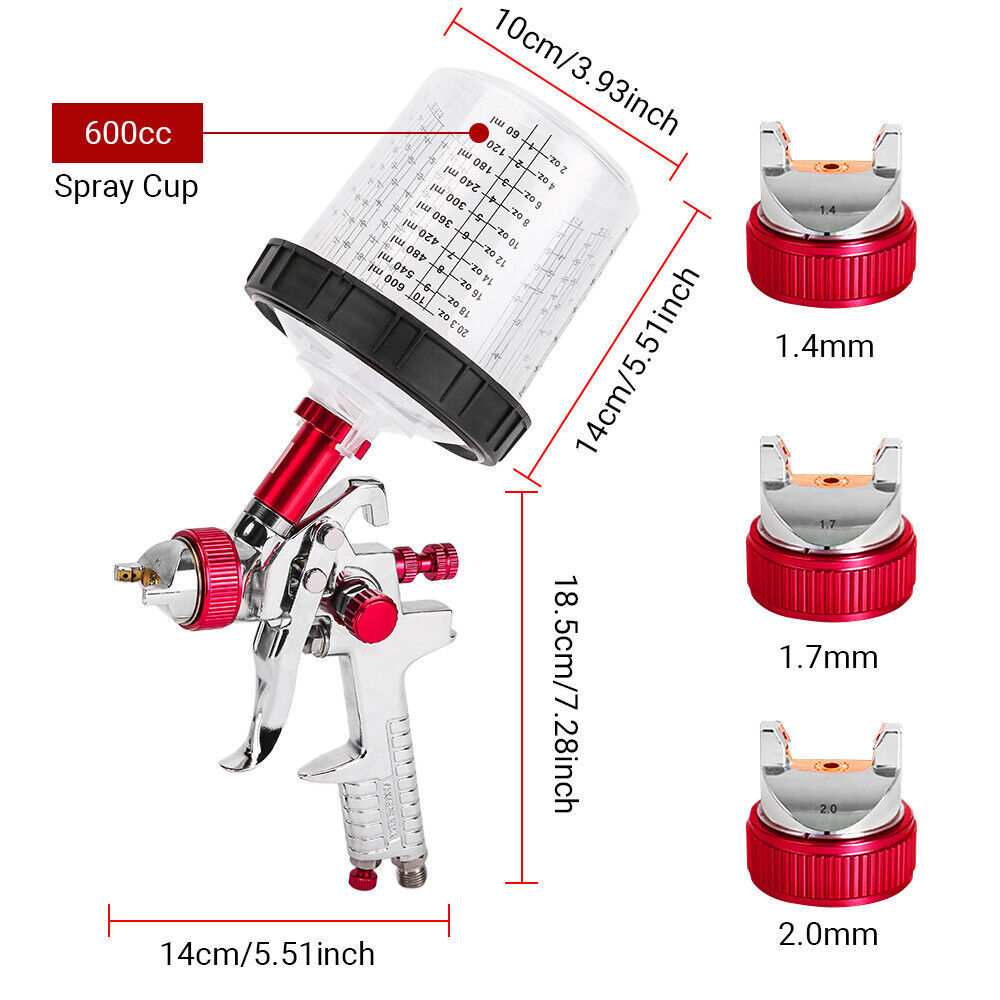 Air HVLP Spray Gun Paint Gun 600CC Gravity Feed Cup 1.4mm 1.7mm 2mm Tip AU Stock.