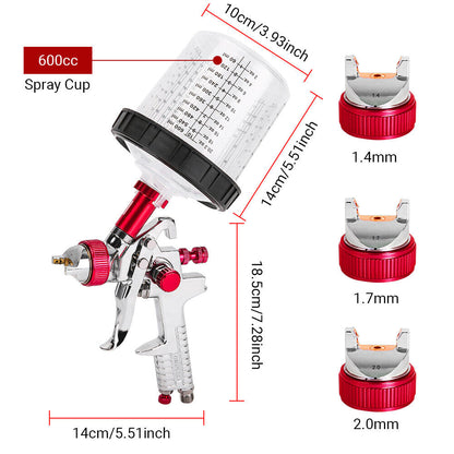 Air HVLP Spray Gun Paint Gun 600CC Gravity Feed Cup 1.4mm 1.7mm 2mm Tip AU Stock.