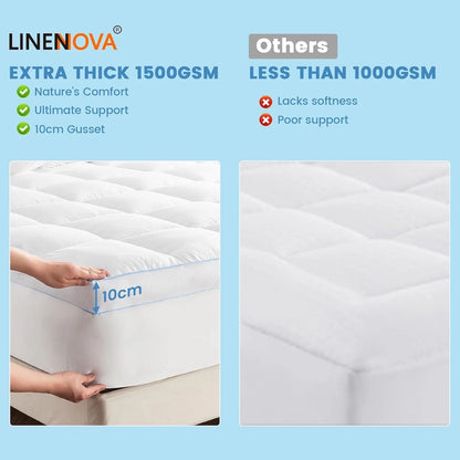 1500GSM Bamboo Mattress Topper Extra Thick 10CM Bed Topper Double: 137 x 191 + 40 cm