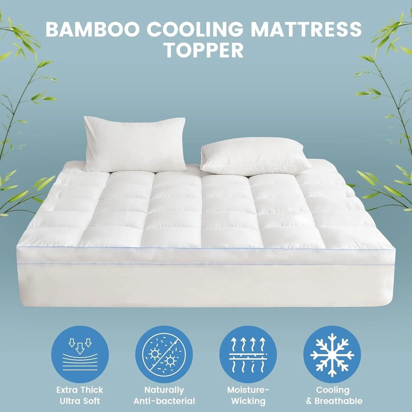 1500GSM Bamboo Mattress Topper Extra Thick 10CM Bed Topper Double: 137 x 191 + 40 cm