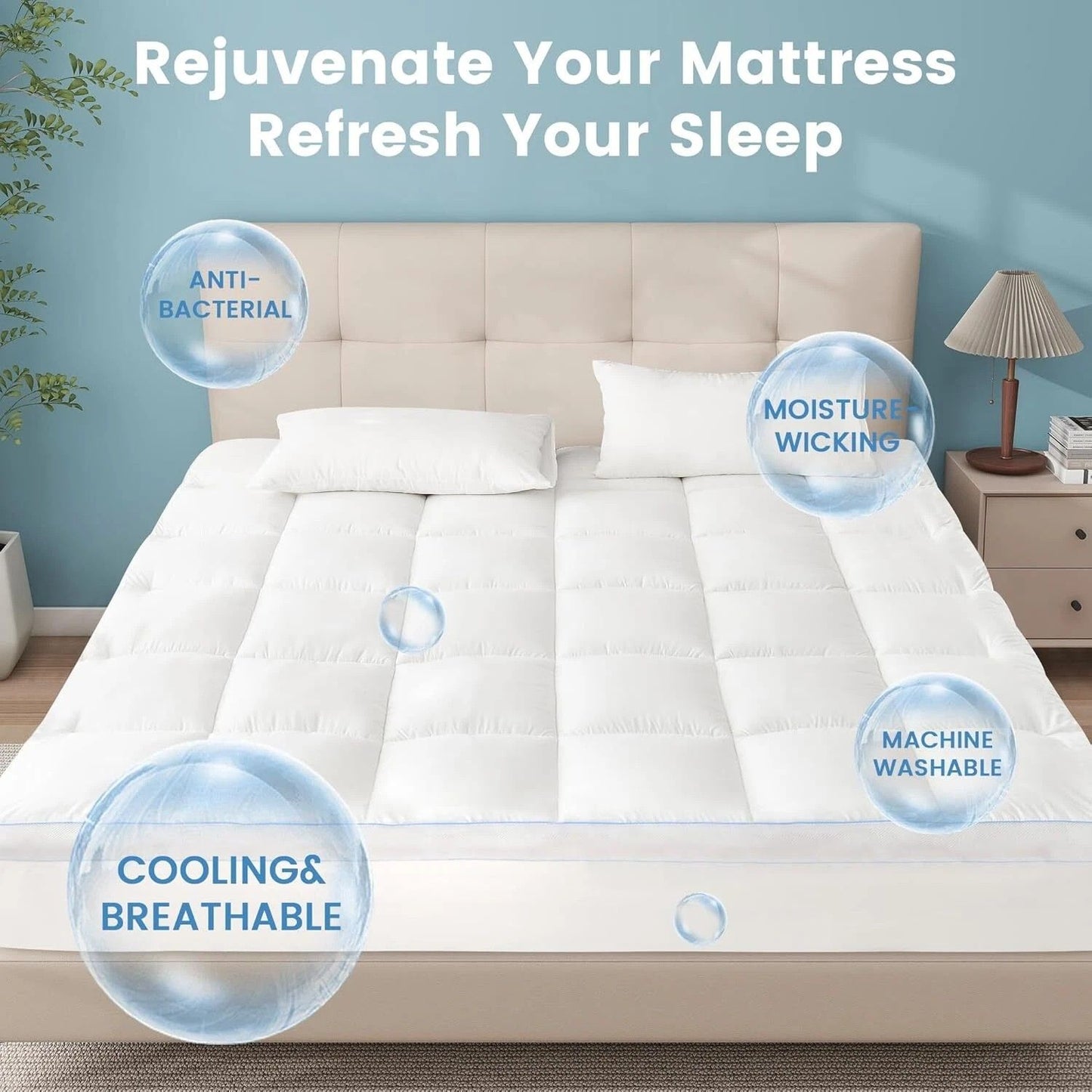 1500GSM Bamboo Mattress Topper Extra Thick 10CM Bed Topper King Single: 107 x 203 + 40 cm