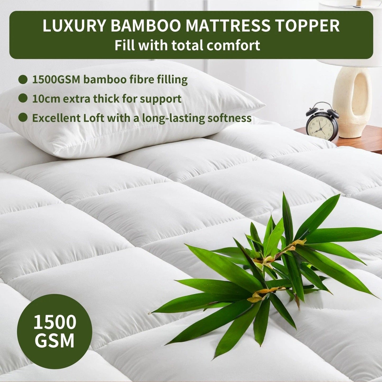 1500GSM Bamboo Mattress Topper Extra Thick 10CM Bed Topper King Single: 107 x 203 + 40 cm