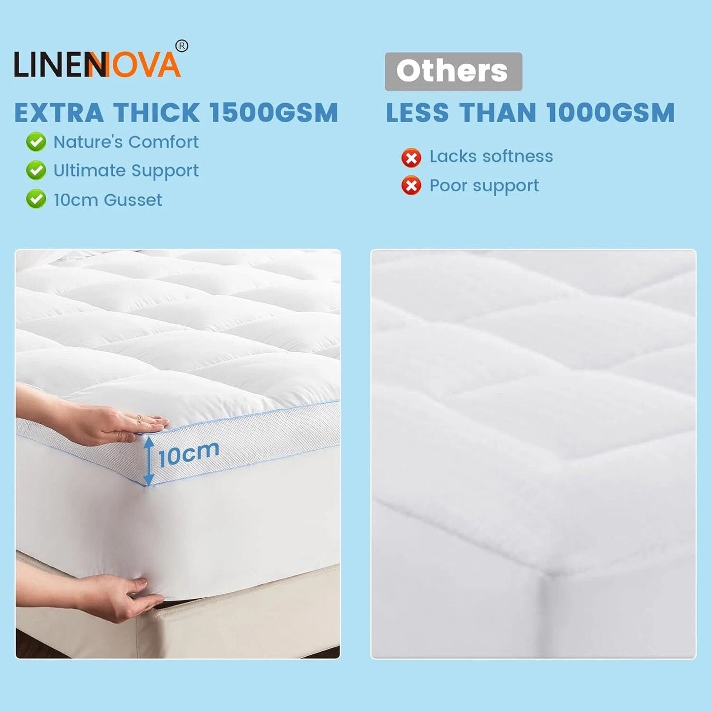 1500GSM Bamboo Mattress Topper Extra Thick 10CM Bed Topper Queen: 152 x 203 + 40 cm