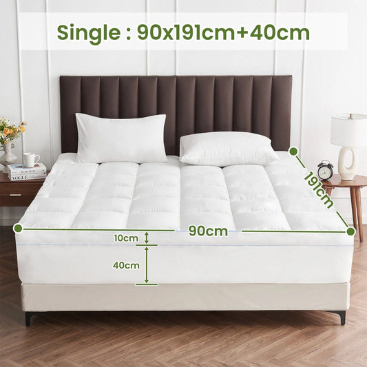 1500GSM Bamboo Mattress Topper Extra Thick 10CM Bed Topper Single: 90 x 191 + 40 cm