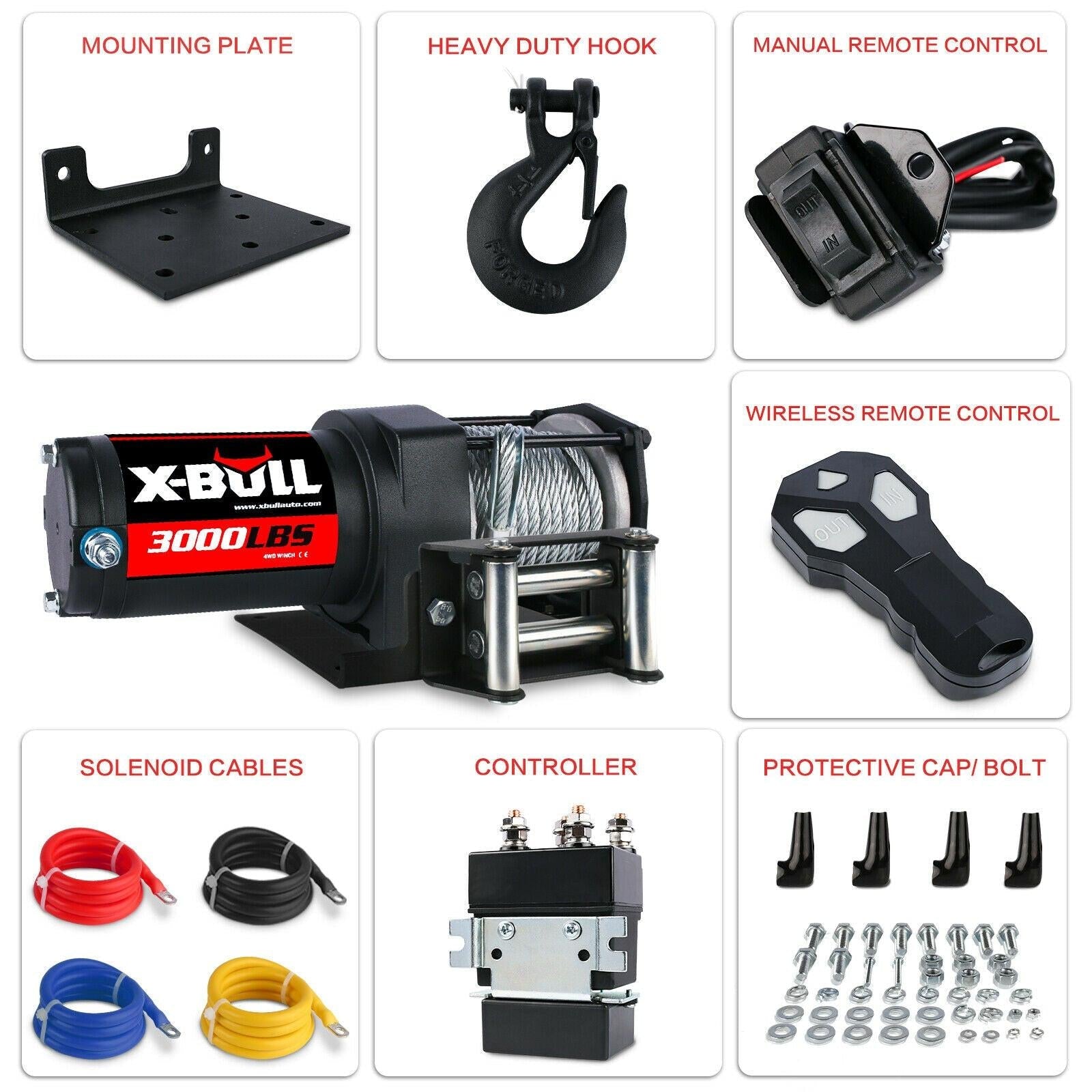 X-BULL Electric Winch 12V 3000LBS Steel Cable Wireless remote ATV UTV Boat Trailer.