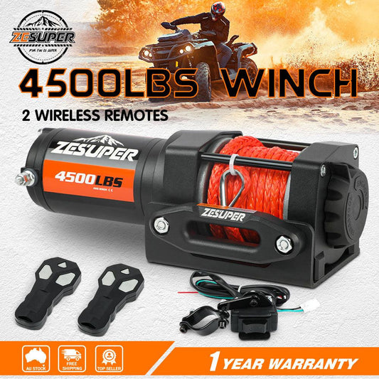 ZESUPER 12V Winch 4500LBS Electric Winch ATV Winch Synthetic Rope BOAT Trailer.