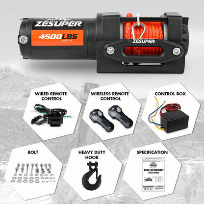 ZESUPER 4500lb Electric Winch 12V Synthetic Rope Boat Winch ATV Winch Kit Boat Winch UTV 4WD Wireless RemoteX2 Black.