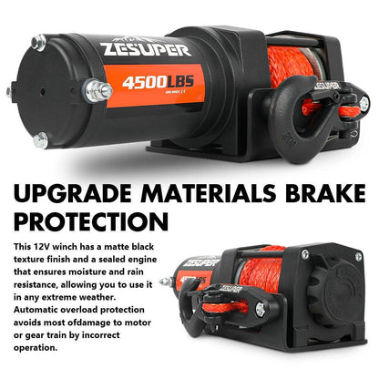ZESUPER 4500lb Electric Winch 12V Synthetic Rope Boat Winch ATV Winch Kit Boat Winch UTV 4WD Wireless RemoteX2 Black.